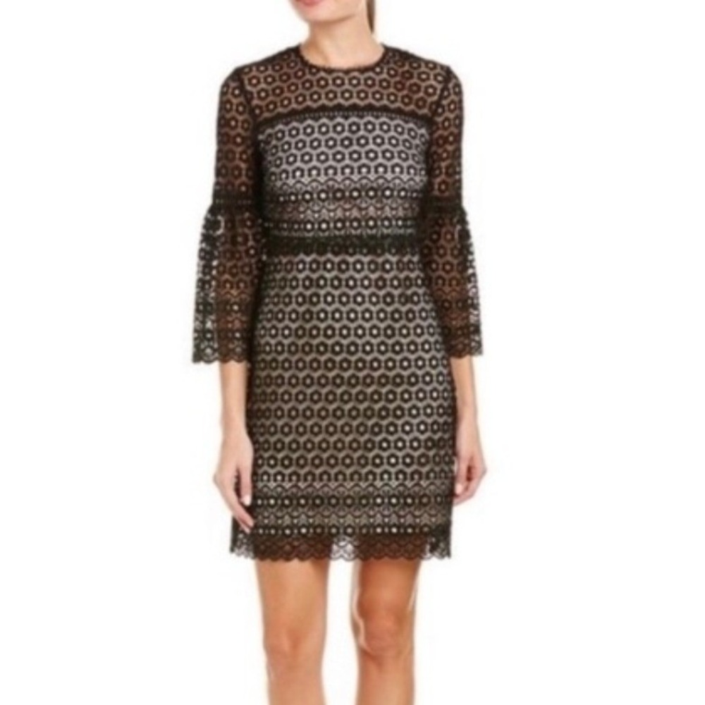 J Crew Bell 3/4 Sleeve Daisy Lace Mini Dress Black Beige Tan Sheath Small 6